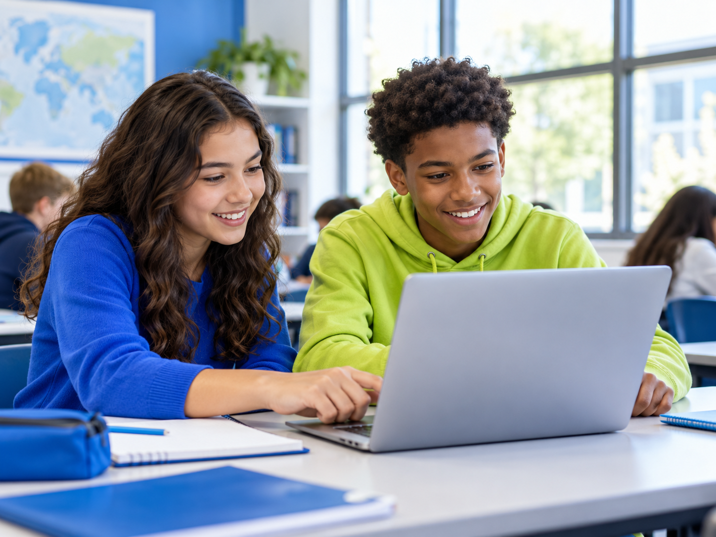 Two students enjoying learning together on a laptop in a bright classroom