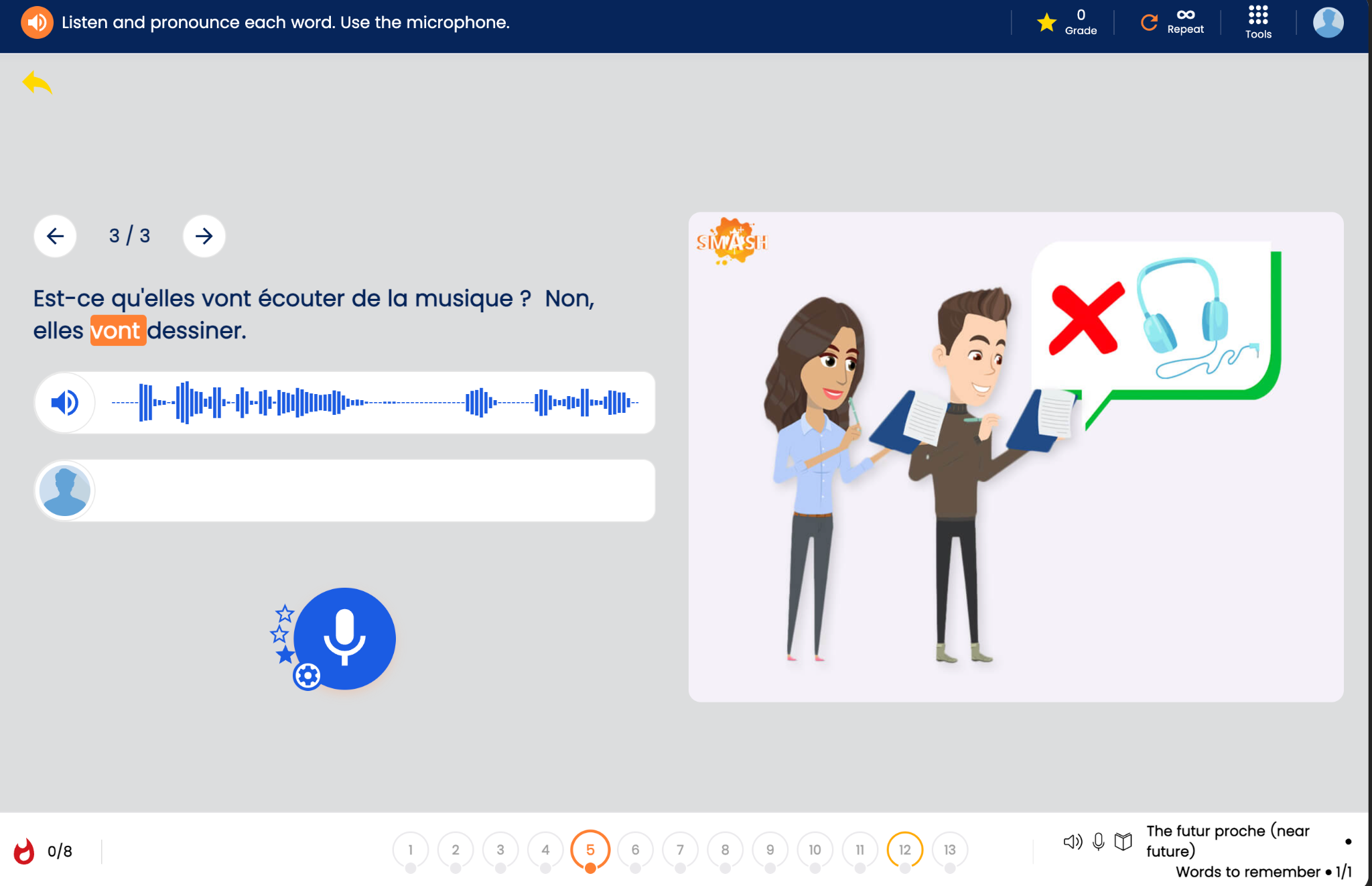 French oral practice activity with a model audio waveform, highlighted sentence, illustration and microphone control.