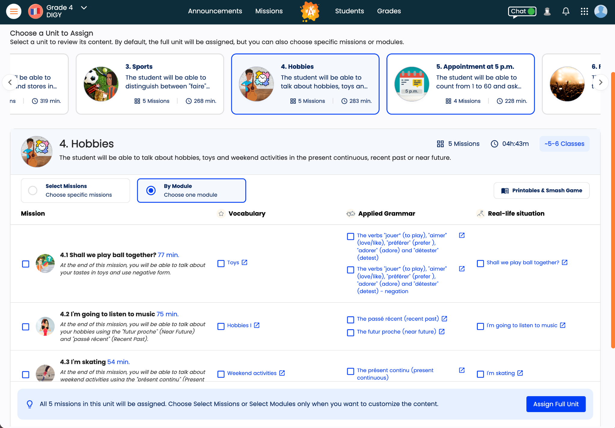 Teacher preview of a French curriculum unit, missions and modules.