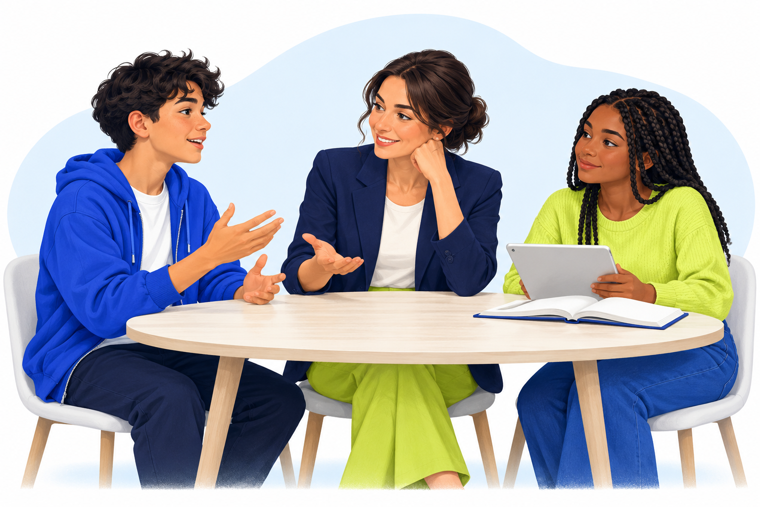 Illustration of a language teacher and two learners engaged in conversation and learning together.